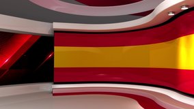 TV studio. Spain. Spanish flag. News studio.  Loop animation. Background for any green screen or chroma key video production. 3d render. 3d 