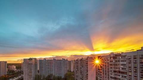 Sunset timelapse over typical panel block apartment buildings of Moscow, Russia.