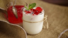 homemade sweet yogurt with fruit jelly pieces
