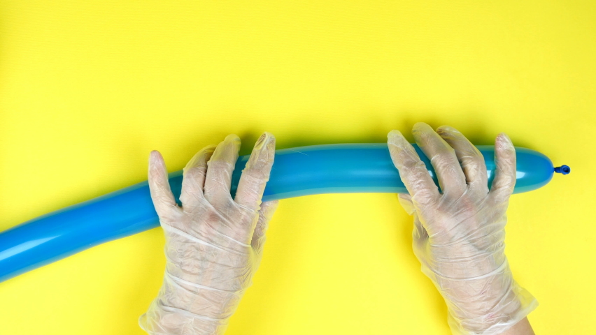 Hands in white gloves make toy dog from long blue balloon, twist figurine. On bright yellow background. Training or masterclass of holiday or party. Top view. Close-up. Royalty-Free Stock Footage #1072424933