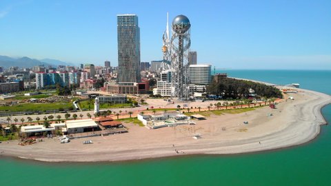 Batumi seaside beach, skyscrapers, city, Arial drone shot 
