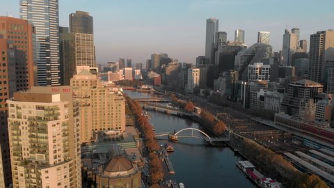 Melbourne skyscrapers in CBD. Southbank city skyline on the banks of the Yarra River