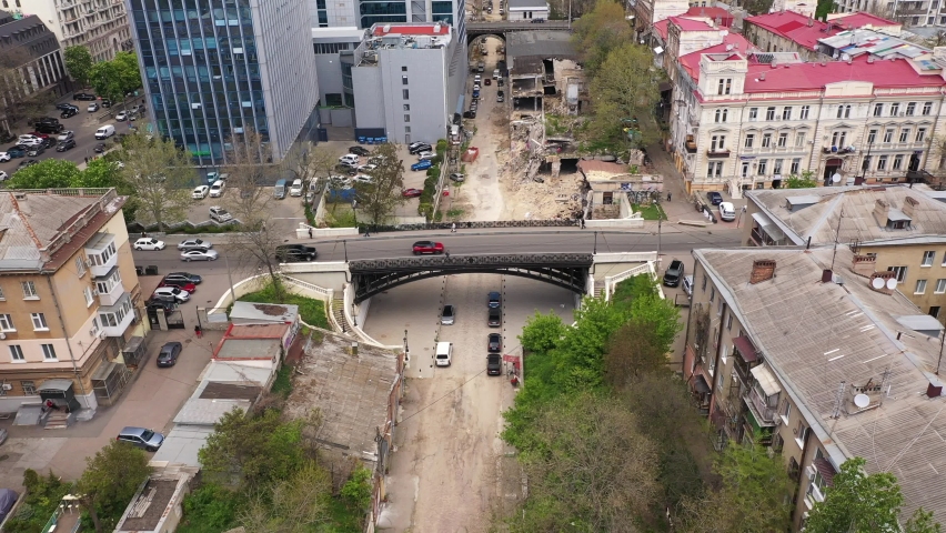 View on the Devolanovskiy descent with the metal bridge (P.Kotsebu) in the center. Odessa old town. Ukraine, May 2021.