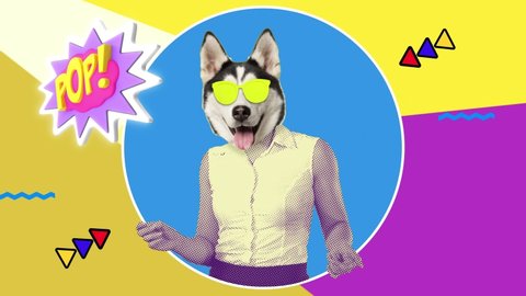 Woman with Dog Head Dancing. Pop Art Colorful Style. 4k Minimal Cartoon Background.