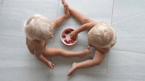 Top view of cute twins sitting on the floor eating strawberries from shared cup. Healthy snacks on a summer day