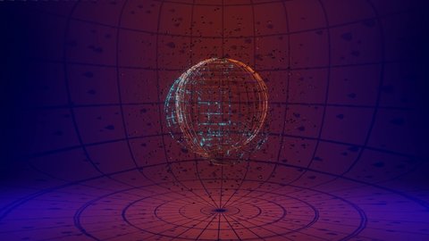 frame of a sphere with flying particles is spinning on a dark background. looped background. 3d render