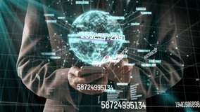 Animation of numbers and globe over businessman using smartphone on black background. global science, technology and digital interface concept digitally generated video. - Powered by Shutterstock - Get 15% off with code: PIKWIZARD15