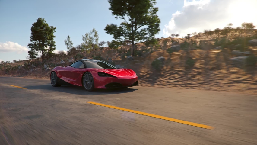 Red supercar going on Road. 3d seamless animation - slow