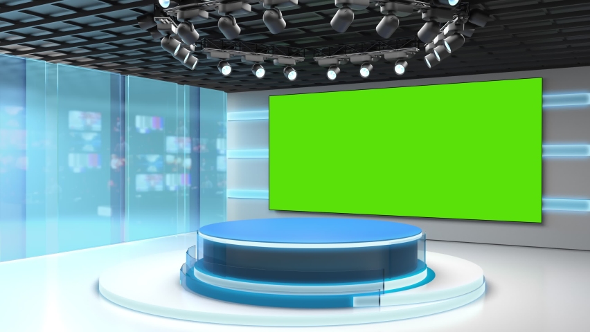 Tv studio. News room. Blye and red background. General and close-up shot. News Studio. Studio Background. Newsroom bakground. The perfect backdrop for any green screen or chroma key video production