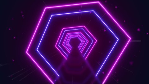 4K endless VJ tunnel of circle shaped neon lights in Neon and blue Loop Animation. round arcade, rings, circles, virtual reality, ultraviolet spectrum, laser show, fashion, stage, floor reflection.