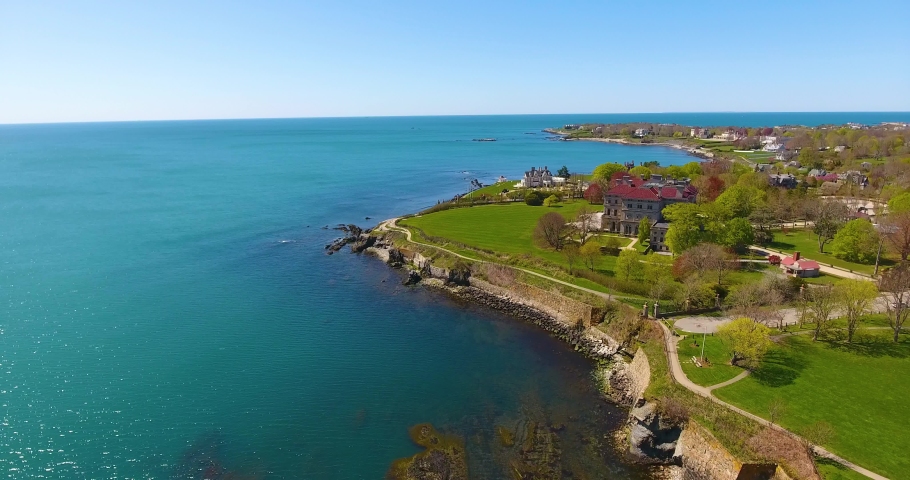 Historic mansions and Cliff Walk in Bellevue Avenue Historic District aerial view at Newport, Rhode Island RI, USA.