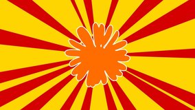Chamomile flower on the background of animation from moving rays of the sun. Large orange symbol increases slightly. Seamless looped 4k animation on yellow background