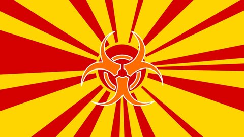 Biohazard symbol on the background of animation from moving rays of the sun. Large orange symbol increases slightly. Seamless looped 4k animation on yellow background