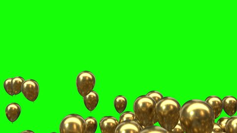 Flying Golden Helium Balloons from Bottom to Top and Disappear isolated on Green Screen Background 4K