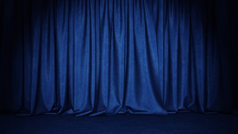 Realistic 3D animation of the dark blue textured denim curtain with blue carpet flooring rendered in UHD with alpha matte