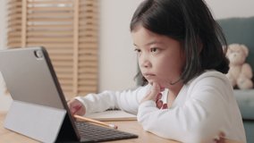 Asian little girl learning online via the internet tutor on a tablet while sitting in the living room at morning, Concept of online learning at home