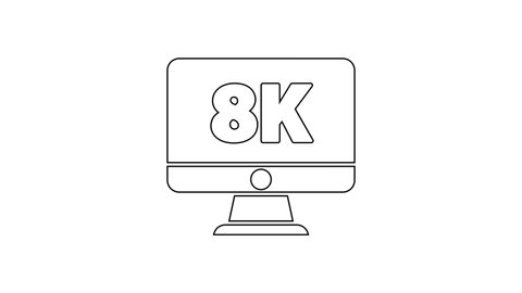 Black line Computer PC monitor display with 8k video technology icon isolated on white background. 4K Video motion graphic animation.