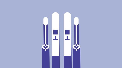 White Ski and sticks icon isolated on purple background. Extreme sport. Skiing equipment. Winter sports icon. 4K Video motion graphic animation.