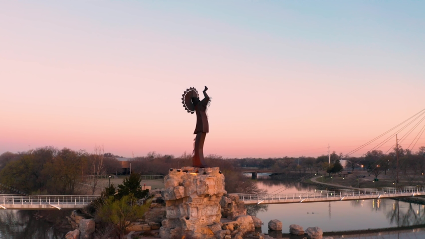 4K Drone Aerial Keeper of Plains Landmark River Wichita Kansas Birds Eye
