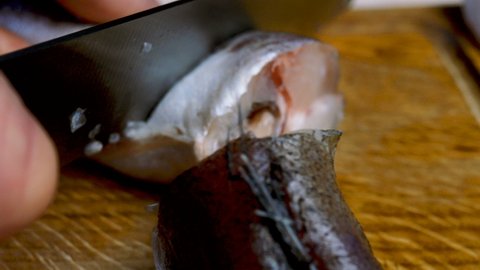 Cook cuts carcass of hake or pollock fish into pieces with sharp knife to prepare delicious food, on wooden cutting board in domestic kitchen. Recipe of fried fish. Selective focus.