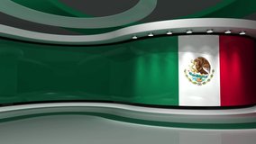 TV studio. Mexico. Mexican flag. News studio.  Loop animation. Background for any green screen or chroma key video production. 3d render. 3d 