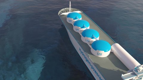 Liqiud Hydrogen renewable energy in vessel - LH2 hydrogen gas for clean sea transportation on container ship with composite cryotank for cryogenic gases. 3d rendering.
