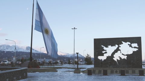 Ushuaia, Argentina - March 2021: Argentine War Memorial, Plaza Islas Malvinas (Falklands), Ushuaia, Tierra del Fuego Province, Argentina. 4K Resolution.