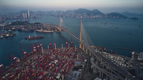 May 2021 : Hong Kong, China ,Asia : Drone hyperlapse of Hong Kong International Terminal