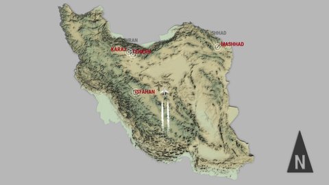 looping animation of the 3d terrain map of Iran with the capital and the biggest cites in 4K resolution