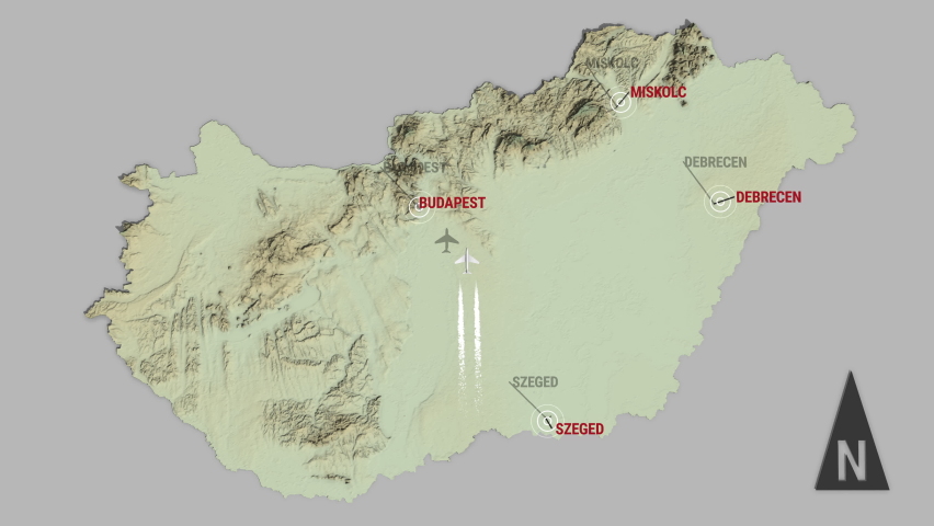 looping animation of the 3d terrain map of Hungary with the capital and the biggest cites in 4K resolution