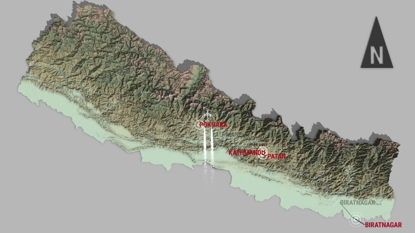 looping animation of the 3d terrain map of Nepal with the capital and the biggest cites in 4K resolution