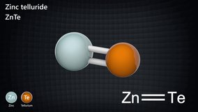 Zinc telluride is a binary chemical compound with the formula ZnTe or TeZn. This solid is a semiconductor material. 3D render. Seamless loop. Chemical structure model: Ball and Stick.