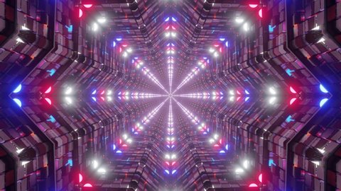 Kaleidoscopic glass ike tunnel. Motion through a colorful vj loop. Following frames of a wide star shapes with red, blue and white lights.