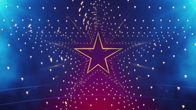 Gold star over blue Background in Loop, for stage video background design, visual projection mapping, music video, TV show, presentations, editors and VJs for led screens or fashion show.