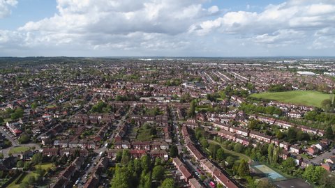 Aerial Shot of classic British housing estate, English houses and homes from above, Coventry UK, United Kingdom