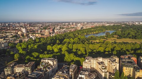 Establishing Aerial View Shot of London UK, Hyde Park, Hyde Park Corner, United Kingdom