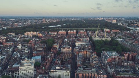 Establishing Aerial View Shot of London UK, Mayfair and Hyde Park, day, United Kingdom