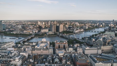 Establishing Aerial View Shot of London UK, United Kingdom, Southbank and Embankment, day