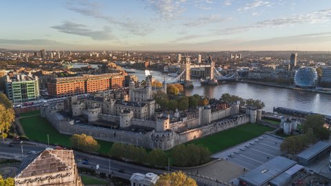 Establishing Aerial View Shot of London UK, United Kingdom, track back, Tower of London and Tower Bridge