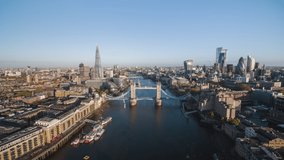 Establishing Aerial View Shot of London UK, Tower Bridge, full day light, United Kingdom