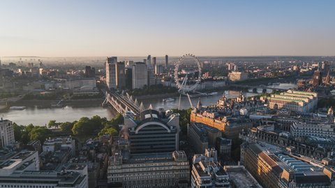 Establishing Aerial View Shot of London UK, Southbank and Embankment, United Kingdom, day