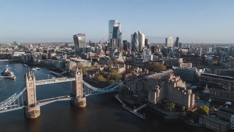 Establishing Aerial View Shot of London UK, City of London Tower Bridge, day, United Kingdom