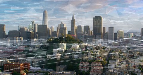 Futuristic aerial view of San Francisco Financial District and with white holographic networks representing concepts as augmented reality, smart cities, artificial intelligence, IOT.