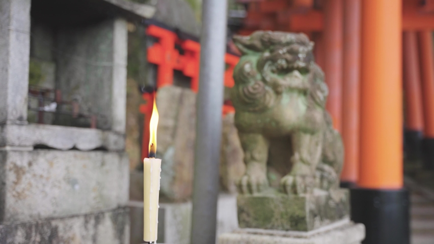 Guardian Lion Dog and Candle Burning at Fushimi Inari, Kyoto Japan