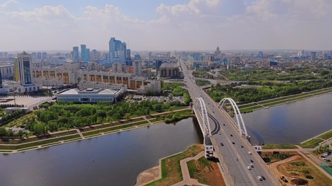 Incredible view from a drone of the bridge in Nur-Sultan.  Kazakhstan, Astana.