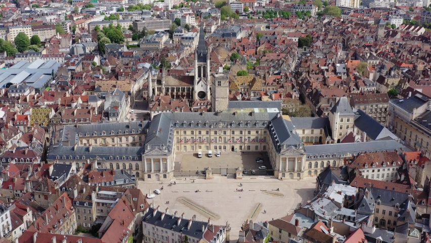 Aerial view of the Liberation place with the City Hall, the Palais des Ducs, Philippe Le Bon tower and Notre Dame church