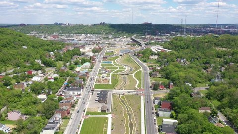 South Fairmont, Cincinnati, Ohio, USA - May 14 2021: 4K Drone aerial shot of Lick Run Greenway park in South Fairmont, in Cincinnati, Ohio. An MSD project separates stormwater from sewage.