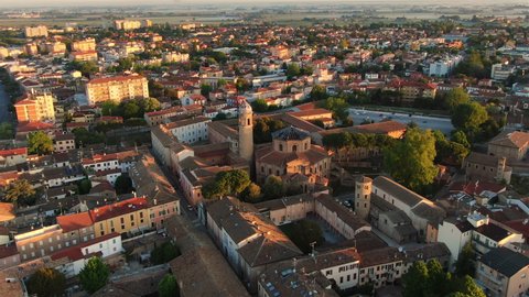 ravenna city historic centre aerial view at sunrise drone orbiting over basilica of san vitale at dawn