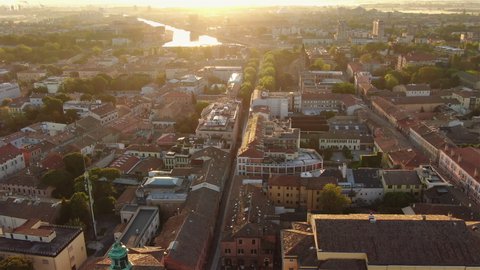 ravenna historic city centre aerial view at sunrise drone flying over downtown at dawn