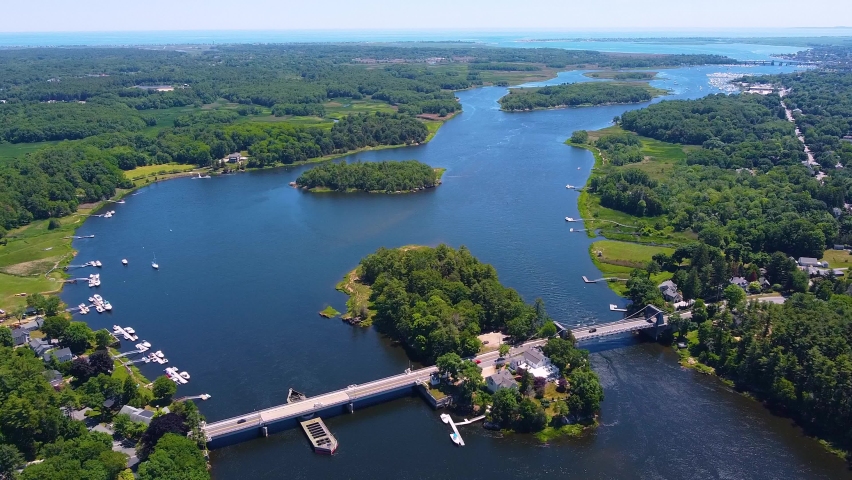 Merrimack River and Deer Island Park aerial view in summer between city of Amesbury and Newburyport near river mouth to Atlantic, Massachusetts MA, USA. 